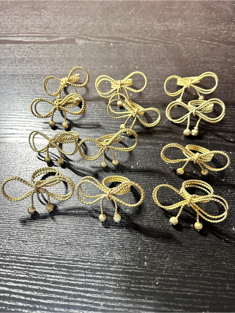 12 Vintage Napkin Rings Twisted Coiled Rope Tied Into Bows W/ Tassels Brass Tone